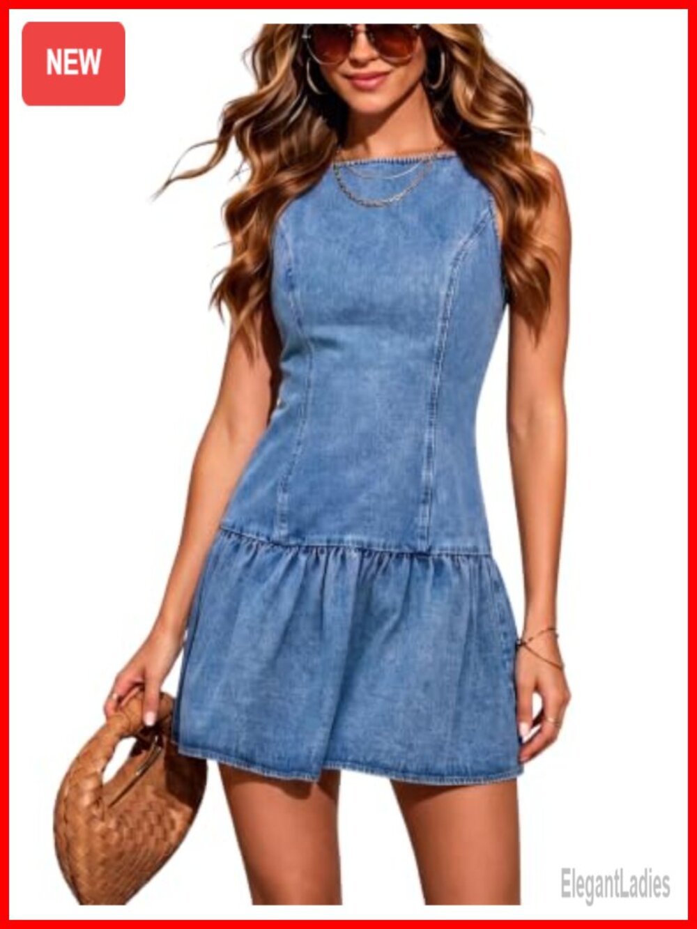 Sleeveless Denim Mini Dress Boat Neck Fit Flare Country Concert